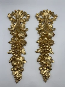 Pair Of 1966 Syroco Wall Scones Gold With Fruit 16” Long MCM Made In USA - Picture 1 of 10