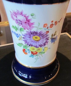Jarrón Meissen jarrón de trompeta azul cobalto + pintura floral Meissen 1924 - Imagen 1 de 3