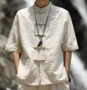 Men's Summer Chinese Style Tops Cotton Linen Short Sleeve Shirt buckle Tang Suit - Picture 1 of 17