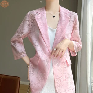 Blazer de seda sintética para mujer nuevo cuello en V manga 3/4 traje hueco protector solar abrigos superiores - Imagen 1 de 21