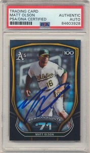 PSA AUTÉNTICO MATT OLSON FIRMADO 2015 BOWMAN CROMO TOP 100 REFRACTOR NOVATO TARJETA AUTOMÁTICA - Imagen 1 de 2