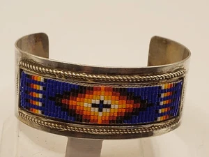 Sterling Manschette Armband Südwest gewebt Perlen Design + Stempel Größe 6,75 33 gm - Bild 1 von 11