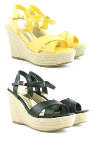 LADIES WOMENS ESPADRILLE PLATFORM WEDGE ANKLE STRAPS SUMMER SANDALS SHOES SIZE - Picture 1 of 9