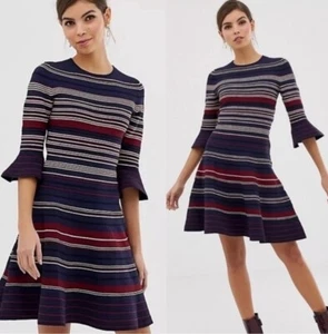 TED BAKER stripe knit frill ruffle flute bell sleeve fit&flare skirt dress 4 ~14 - Picture 1 of 12