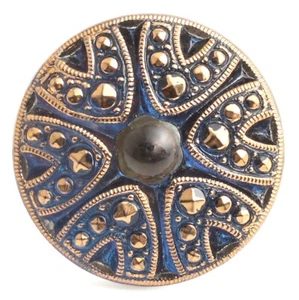 Tschechische Vintage Gold vergoldet violett blau Glas Cabochon Schaftloser Knopf 27mm - Bild 1 von 4