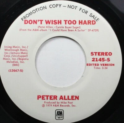 Rock Promo Nm! 45 Peter Allen - Don'T Wish Too Hard / Don'T Wish Too Hard On A&M Foto 1 de 2