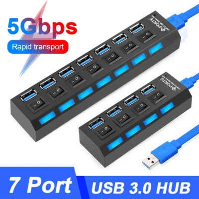 USB 3.0 Splitter Adapter mit Aktiv Netzteil Verteiler Für Laptop PC Hub 4/7 Port - Bild 1 von 4