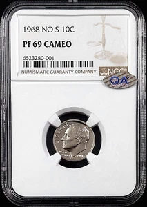 1968 NO S Proof Roosevelt Dime certified PF 69 Cameo by NGC! US Mint ERROR! - Picture 1 of 6