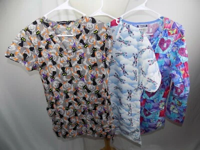Lot of 3 Women's XS Scrub Top Halloween Cats Firefly Butterfly Cassandra O - Image 1 of 4