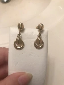 Vint. Squared Edge Ball Dangle Earrings W/Sm.Sideways Hoop, Goldtone, Screwback - Picture 1 of 11