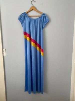 Vintage Summer Nightgown, Blue with Red and Yellow Diagonal Stripes, Size Medium - Image 1 of 4