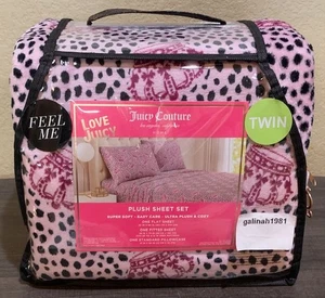 Juicy Couture ZWILLING 3-teiliges weiches Plüsch Laken Set rosa/schwarz Gepard & Kronen Druck - Bild 1 von 5