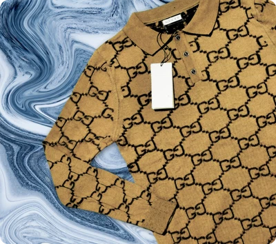 Camiseta Tejida Manga Larga Delgada Para Hombre Talla L Gucci Logo Marrón Pecho 20.5" Foto 1 de 3