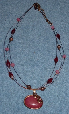 Signed NY & Co 3 Wire Bead Necklace Real Pink Stone Cabochon Pendant Rhodonite? - Image 1 of 4