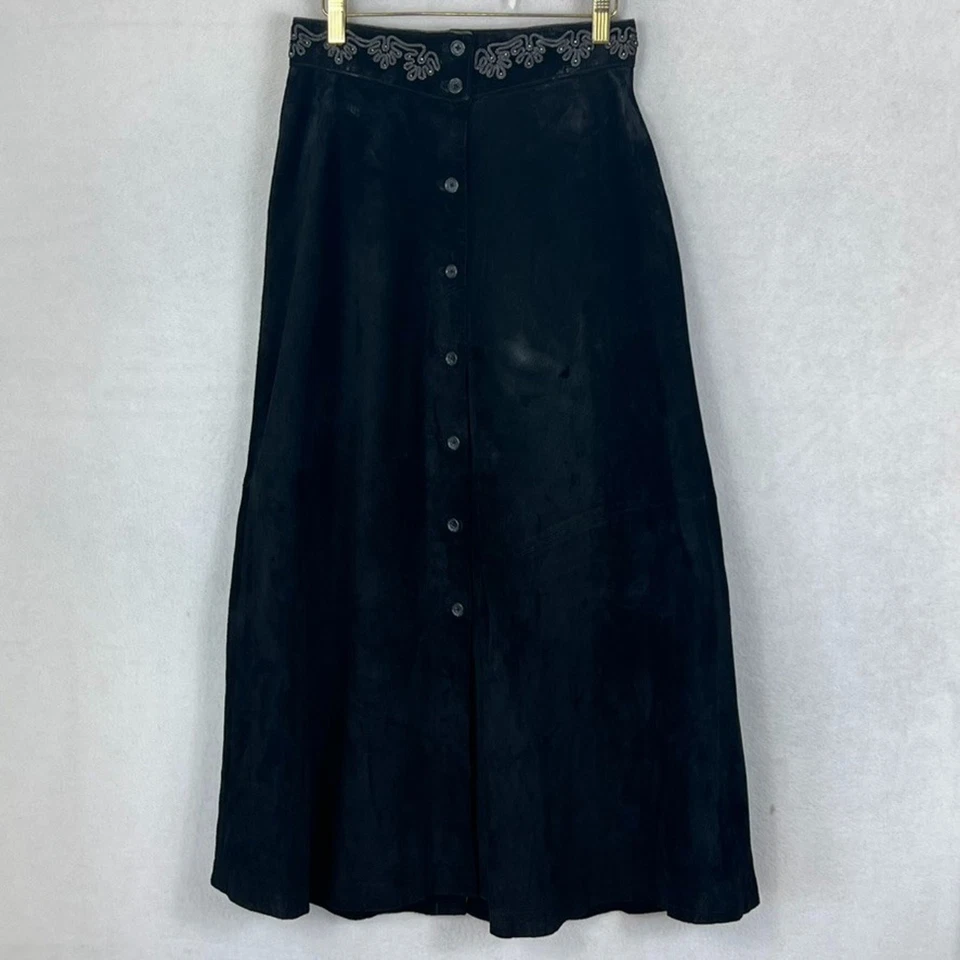 Falda Scully para mujer talla pequeña negra occidental abotonada línea A gamuza cuero Foto 1 de 4