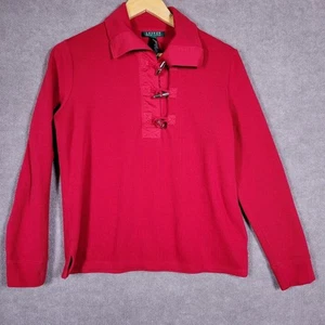 RALPH LAUREN Top Women's Large Red Pullover Quarter Button Up Cotton Casual  - Picture 1 of 6