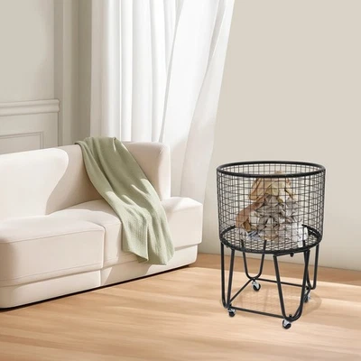 Modern Metal Laundry Basket Clothes Hamper Bathroom Bedroom Rolling Storage Cart - Image 1 of 4