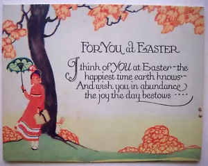 Frau mit Regenschirm Hase schaut um Baum Vintage Ostern Grußkarte *TT19 - Bild 1 von 2