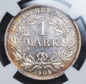 1909-D, Germany. Silver 1 Mark Coin. Erstabschlag / Prooflike Fields! NGC MS-65! - Picture 1 of 3