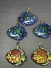 Old World Christmas Discus Fish Blown Glass Ornament Lot 3 Blue & 2 Gold Glitter