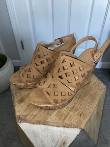 Franco Sarto Size 9.5 Tan Strappy Wedge Slingback Heels Shoes - Picture 1 of 14