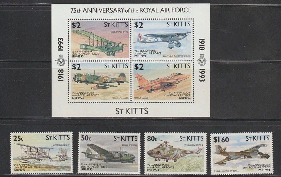 St. Kitts  Scott  351 - 355 MNH  F VF 75th Anniversary Royal Air Force  Aircraft - Image 1 of 2