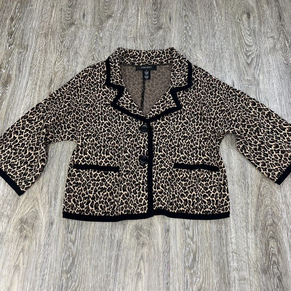 Nine West Blazer Women Large Animal Print Knit Retro Cropped Career Unstructured - Image 1 of 4