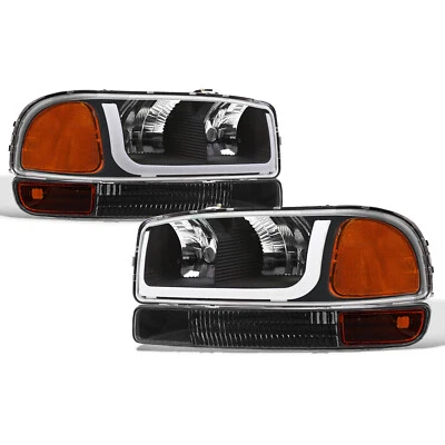 Topline For 1999-2006 Sierra/Yukon Black LED Strip Headlights+Bumper Lamps Amber - Image 1 of 4