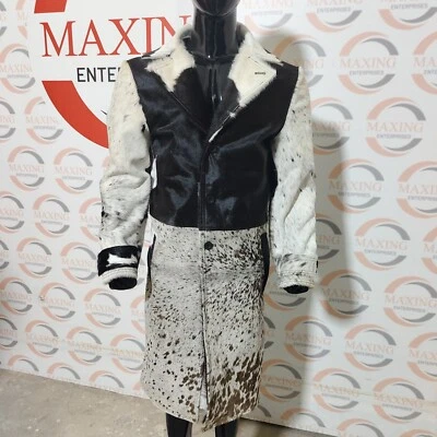 Men Long Cowhide Hair On Leather Coat Western Style Black White Jacket Brown Fur - Image 1 of 4