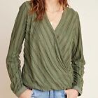 Anthropologie Maeve Audre Textured Faux Wrap Top in Olive Green SZ L Petite LP