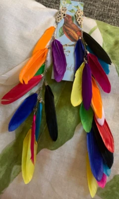 Feather Earrings Long Silver Stud Bold Colorful Lightweight Handmade RRP£85 - Image 1 of 4