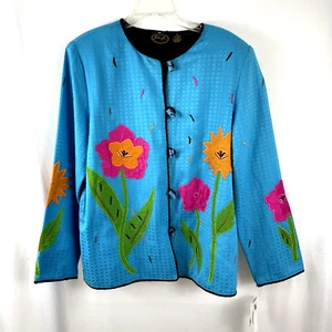 JULIA KIM Womens L Turquoise Blue Jacket Colorful Floral Button Front Lined - Picture 1 of 12