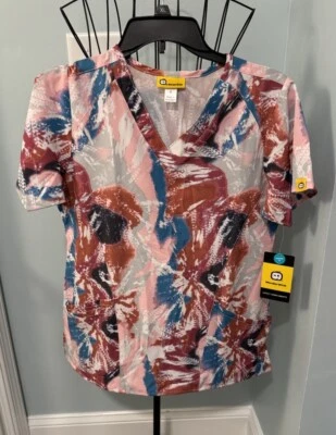 New Wonderwink Wink Aurora Women Blue, Rose, & Clay Print Scrub Top Small S 6157 - Image 1 of 4