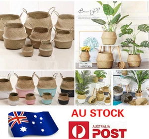 NATURAL SEAGRASS FLOWER BASKET FOLABLE BELLY STORAGE HOLDER PLANT POT BAG 002 - Picture 1 of 43