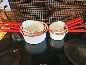VINTAGE Lot Of 7 White & Red ENAMELWARE Pots/Pans Large To Small - Picture 1 of 22