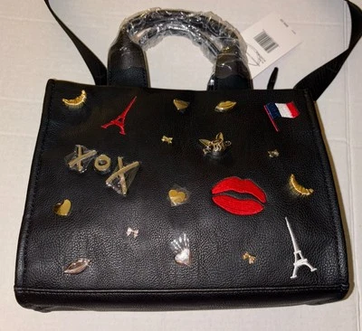 Betsey Johnson Black Paris Embossed Charm Tote Square Satchel XONORA NEW Lips - Image 1 of 4
