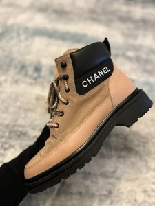 CHANEL Mauve/Blk Lthr and Suede LaceUp Ankle Boot. Size 41.5 Fits W12 And M9 - Picture 1 of 7