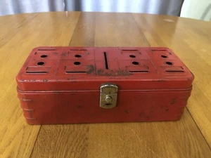 VINTAGE CLIMAX RED METAL COIN BANK CARNIVAL TICKET MONEY BOX W/CANISTERS & KEY - Picture 1 of 15