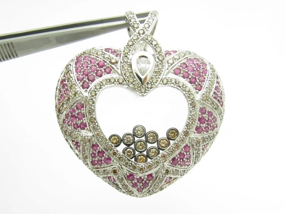 18k Oro Bianco Champagne Diamante Floating Cuore Rubino Custom Ciondolo 42.5 Gr - Immagine 1 di 1
