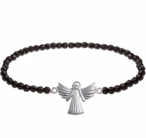 Bracelet Onyx Faceted with an Angel of Love Flexible Bangle Angel Silver - Picture 1 of 2