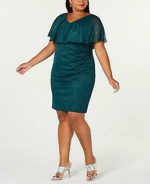 Connected Apparel Womens Sheath Dress Green 16w Plus Metallic Popover 209