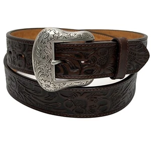 DDD 3-D Western Style Leather Belt Hand Tooled Size 44 Genuine LEATHER EUC - Picture 1 of 12