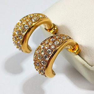 Swarovski Pave Clear Crystal Gold Half Hoop Pierced Earrings ~ Swan Logo