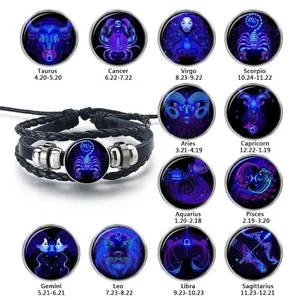 12 Zodiac Sign Leather Bracelet Luminous Vintage Wrap Bangle Gift for Men Women - Picture 1 of 17