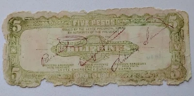 1943 Guerrilha Filipina Segunda Guerra Mundial LEYTE Nota de 5 Pesos Assinada - Imagem 1 de 2