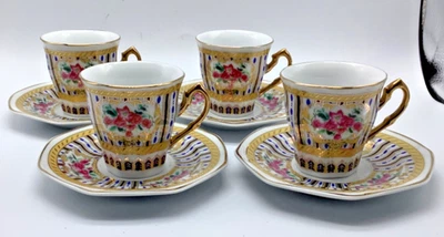 Taza y platillo clásico de café y té Demitasse espresso, juego de 4, floral con dorado Foto 1 de 3