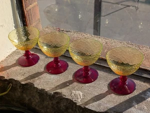 Antique Pukesburg Vaseline Red Stem Turkey Tracks/Royal Fan Set of 4 Champagnes - Picture 1 of 21