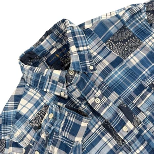 Ralph Lauren Shirt Mens S Blue White Indigo Plaid Patchwork Buttoned Long Sleeve - Picture 1 of 9
