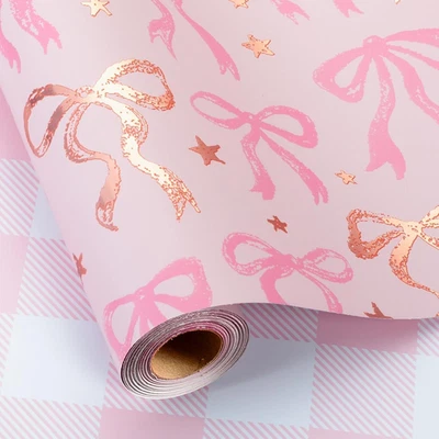 Pink Wrapping Paper Roll, Cute Bow Gift Wrap, Reversible Plaid Gift Paper for Gi - Image 1 of 4