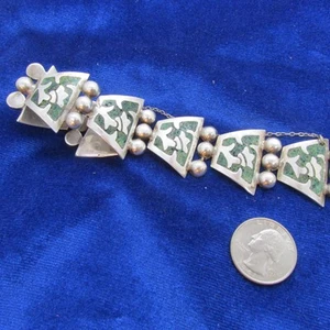 VINTAGE  MEXICAN  STERLING  LINK   BRACELET   TAXCO  GREEN  INLAY   SIGNED  B - Picture 1 of 8